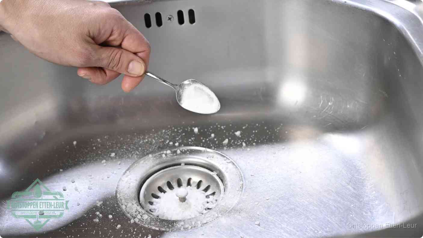 Een hand strooit met een lepel soda in de afvoer van een roestvrijstalen spoelbak, de soda en azijn huismiddel-methode om de afvoer te ontstoppen in Etten-Leur