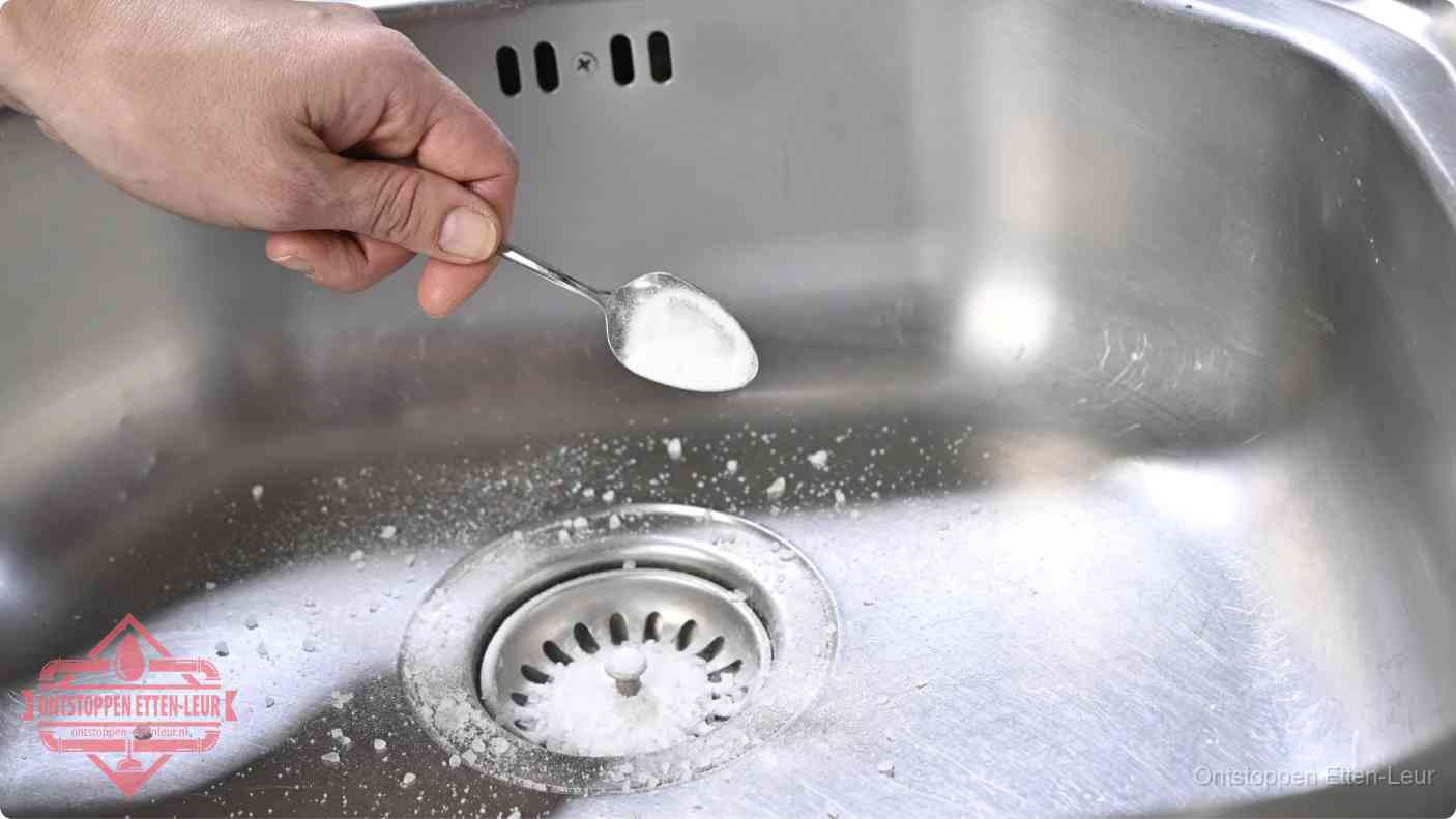 Een hand strooit met een lepel soda in het afvoerputje van een rvs spoelbak, de soda en azijn huismiddel-methode in Etten-Leur